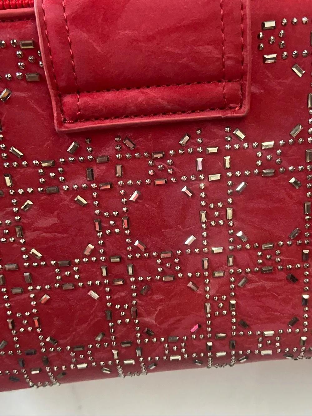 Luxe’ Red Quilted Crossbody with Studded Logo Pattern